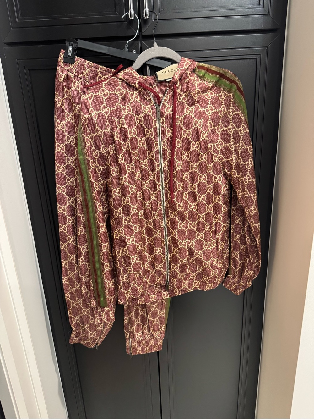 Gucci Brown GG Monogram Zip Bomber Jacket with Green and Red Trim